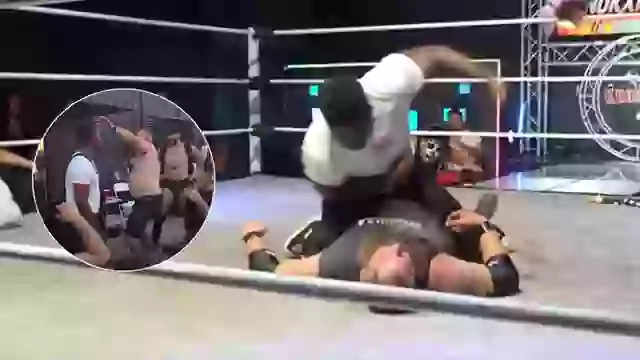 Pro wrestling ring under spotlights (illustrative).